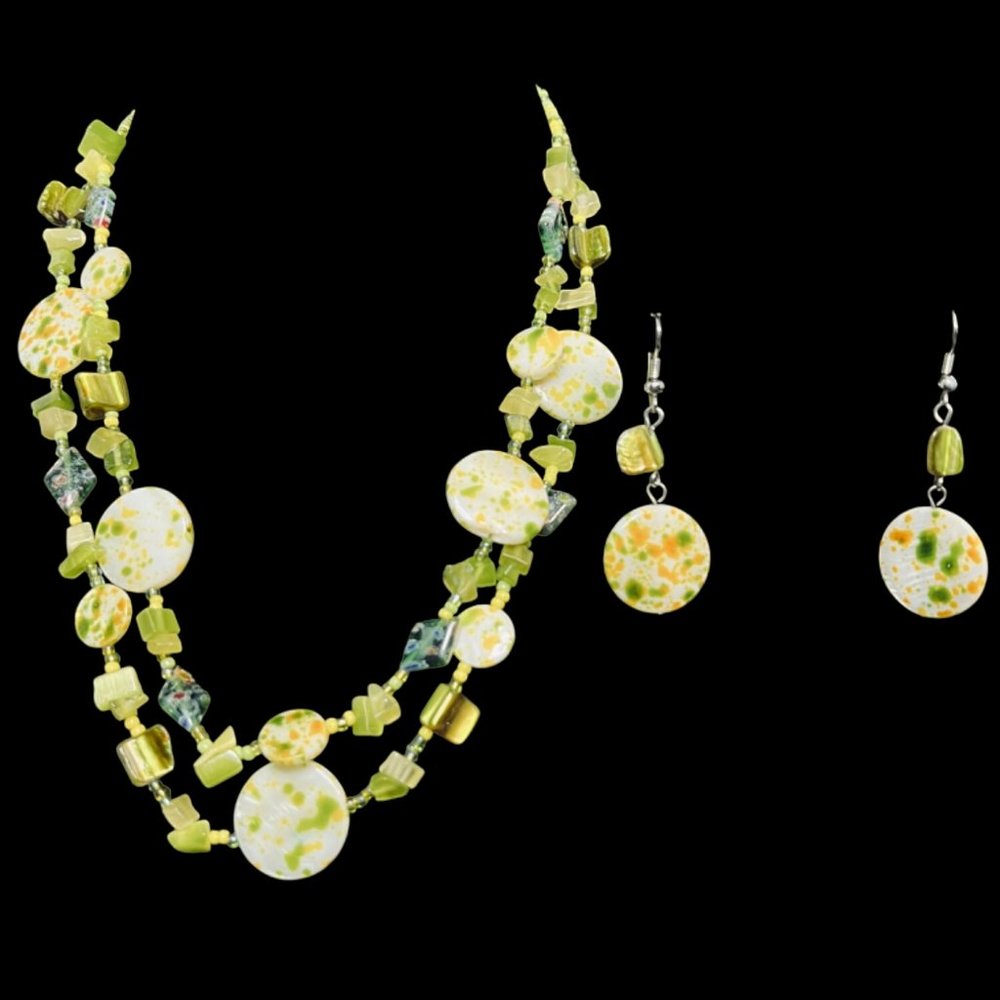 Green & Yellow Glass Beaded Double Strand Necklace & Pierced Earrings Set (4940)